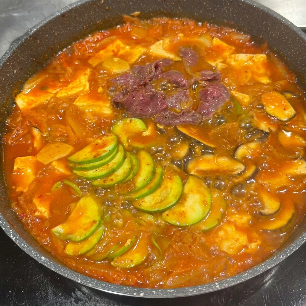 Trozos de ternera marinada siendo colocados en la olla con el caldo hirviendo.