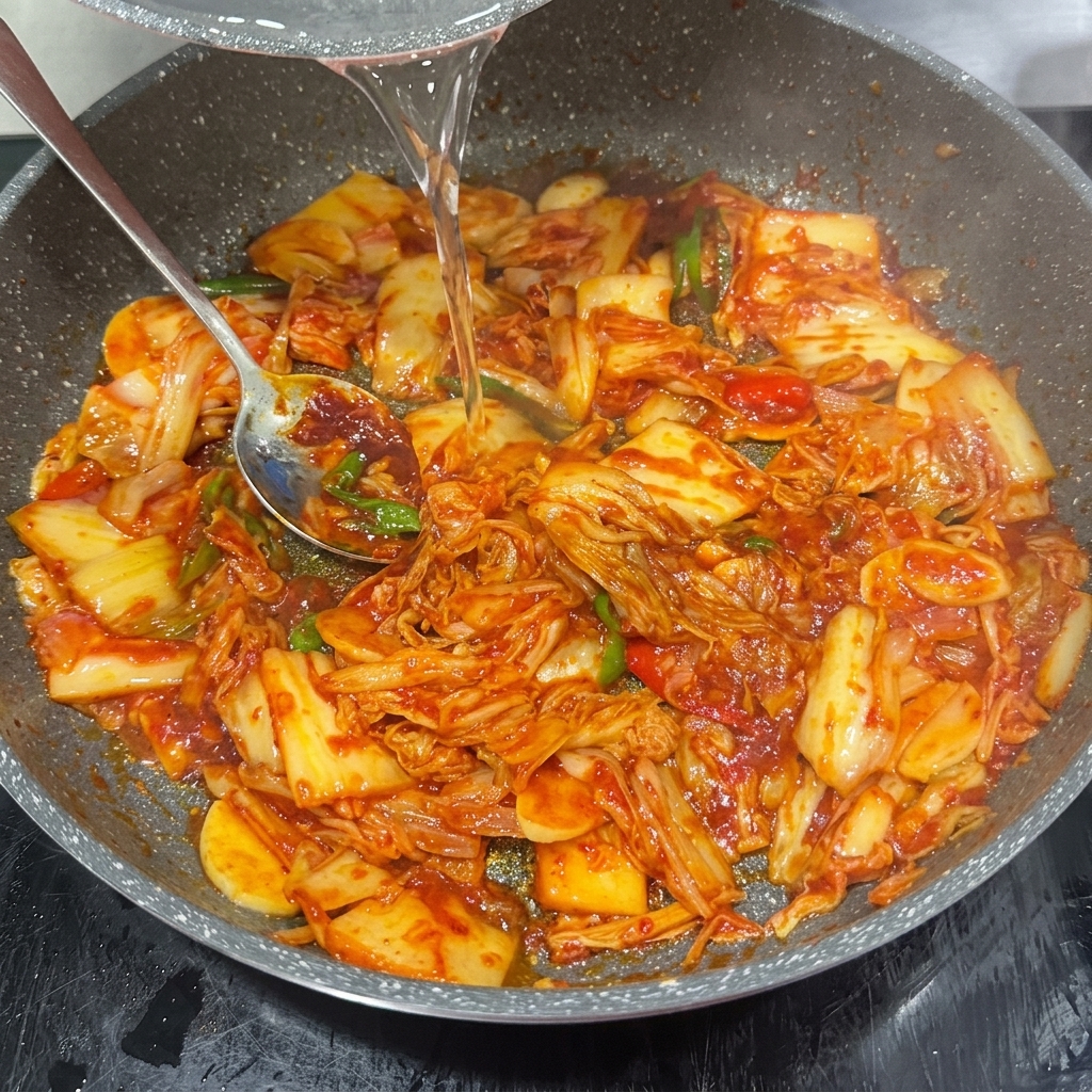 Brotes de soja y setas enoki frescas añadiéndose a la sopa hirviendo.