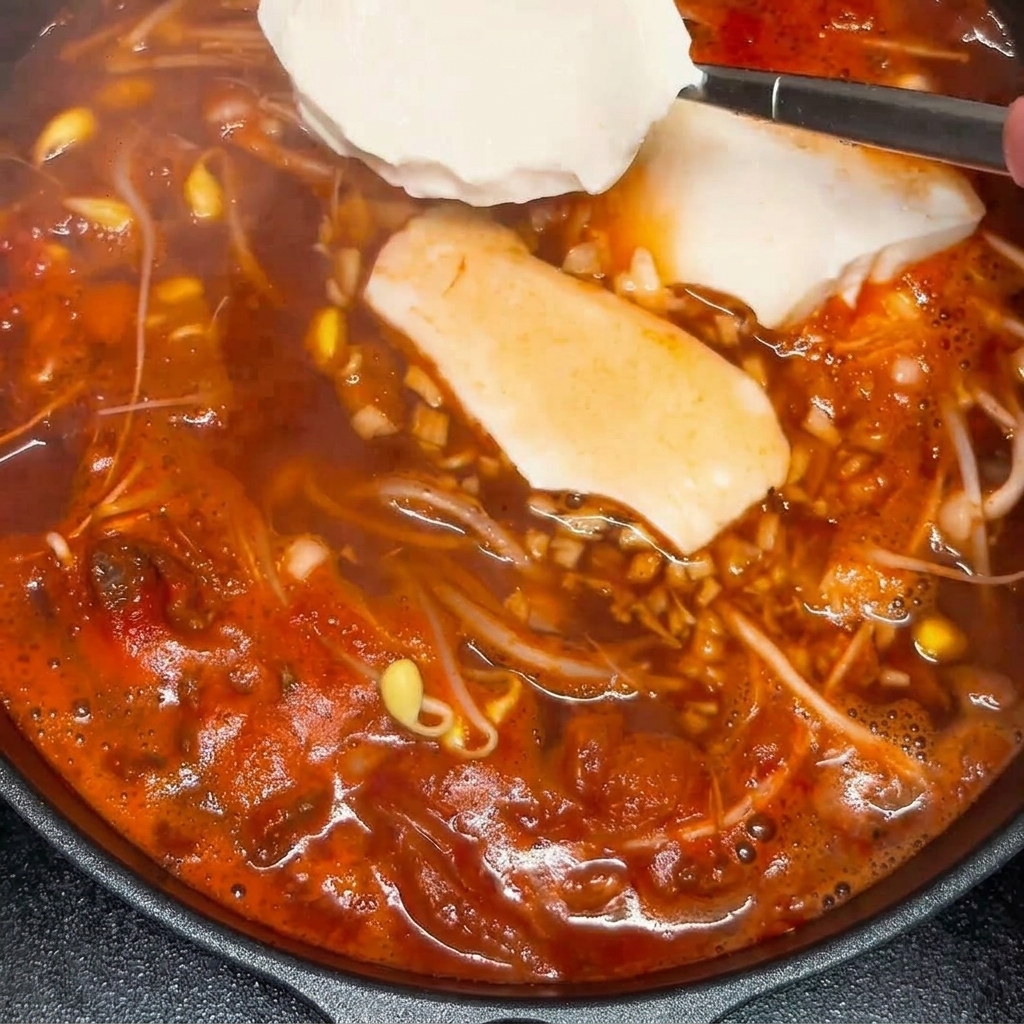 Trozos de tofu sedoso colocándose cuidadosamente en el caldo hirviendo.