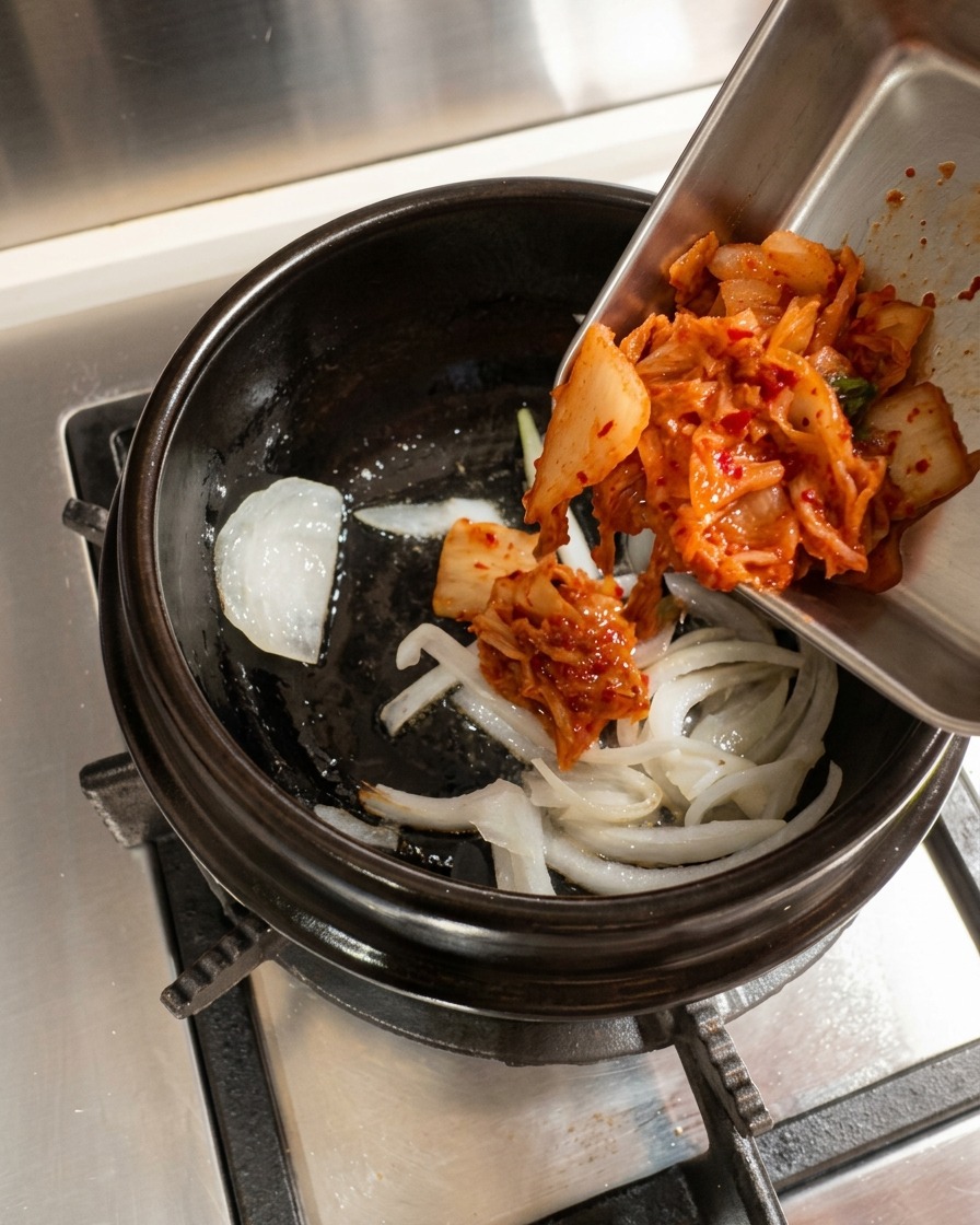 Kimchi añadido a la olla de barro y mezclado con la cebolla sofrita.