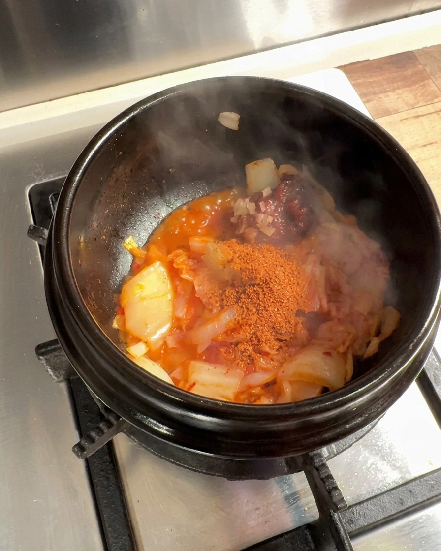 Condimentos como chile en polvo, azúcar y salsa de soja espolvoreados sobre la base de kimchi en la olla.