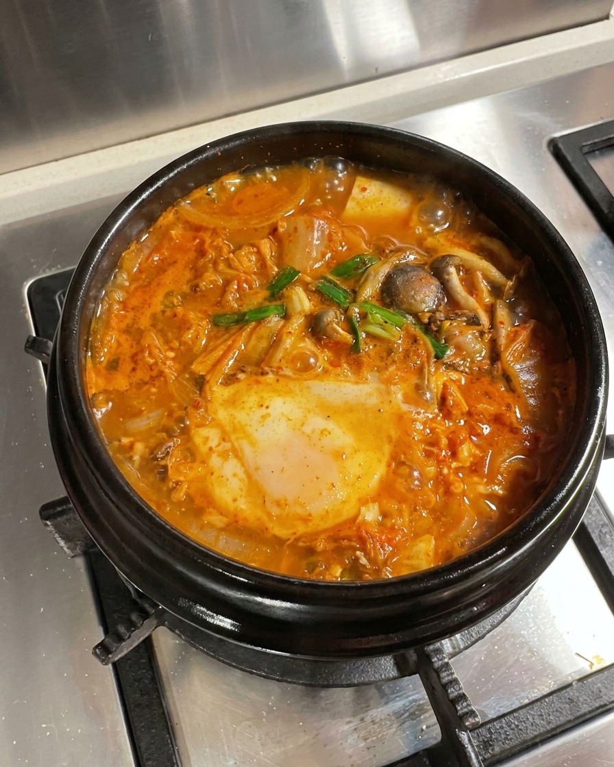 Una olla terminada de estofado de kimchi, ternera y tofu, decorada con cebollino verde y rodajas de chile rojo por encima.