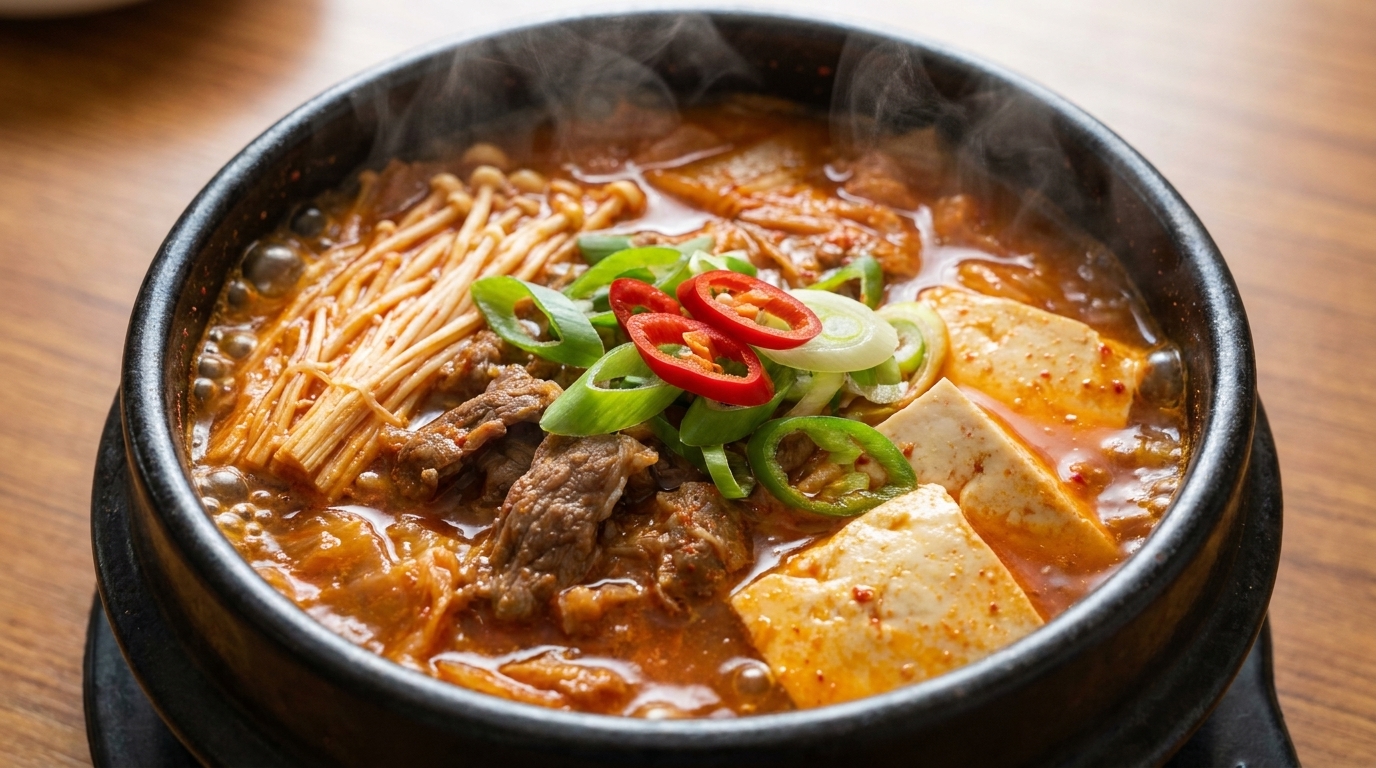 Un reconfortante y burbujeante estofado de kimchi, ternera y tofu en una olla de barro, decorado con cebollino fresco y guindilla.