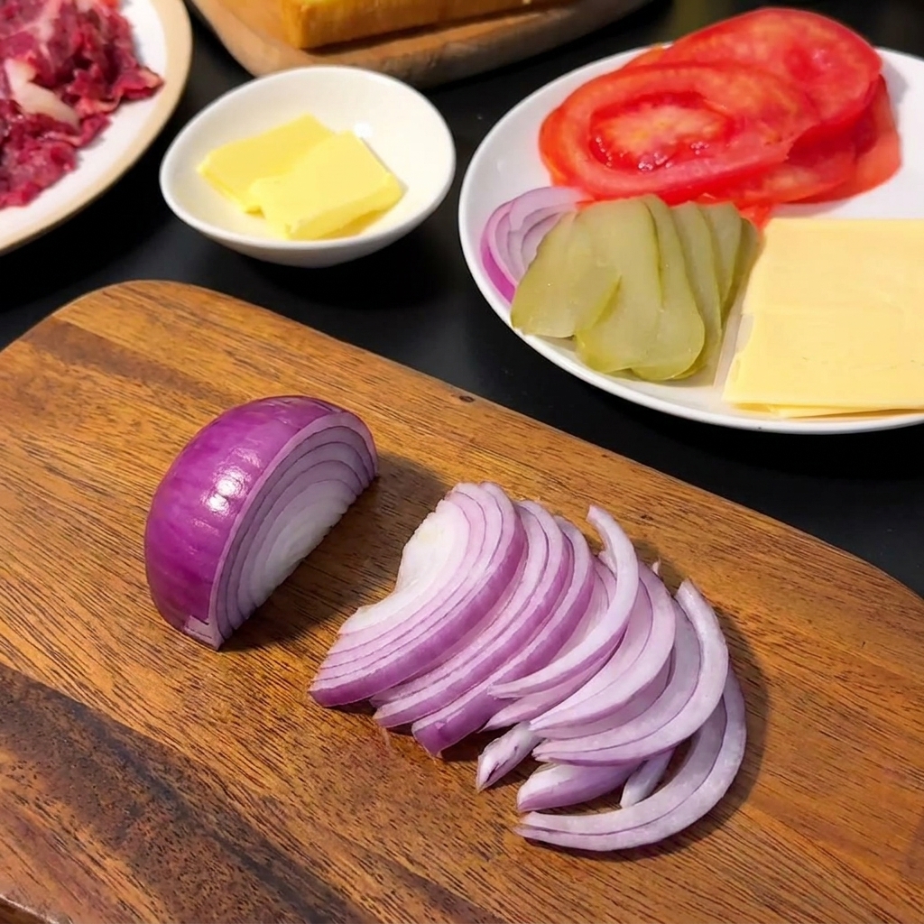 Trozos de cebolla roja finamente picados colocados sobre una tabla de cortar de madera junto a un cuchillo.