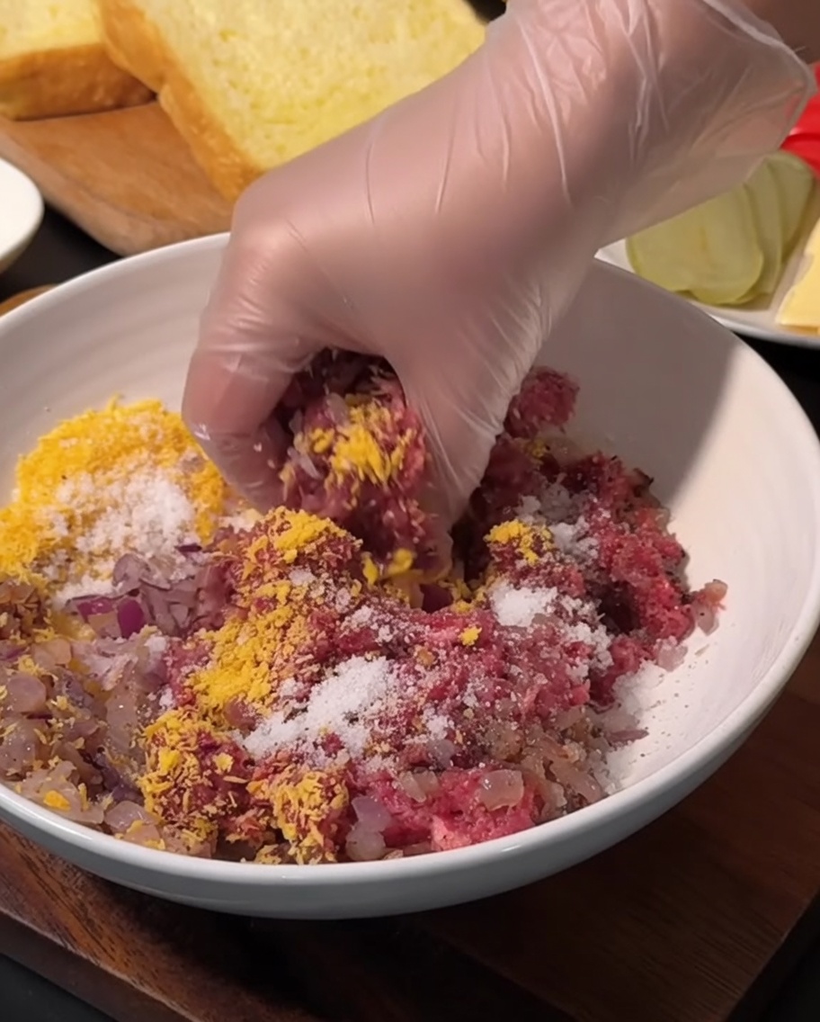 Una hamburguesa cruda de carne con forma redonda en un bol blanco, lista para cocinar.