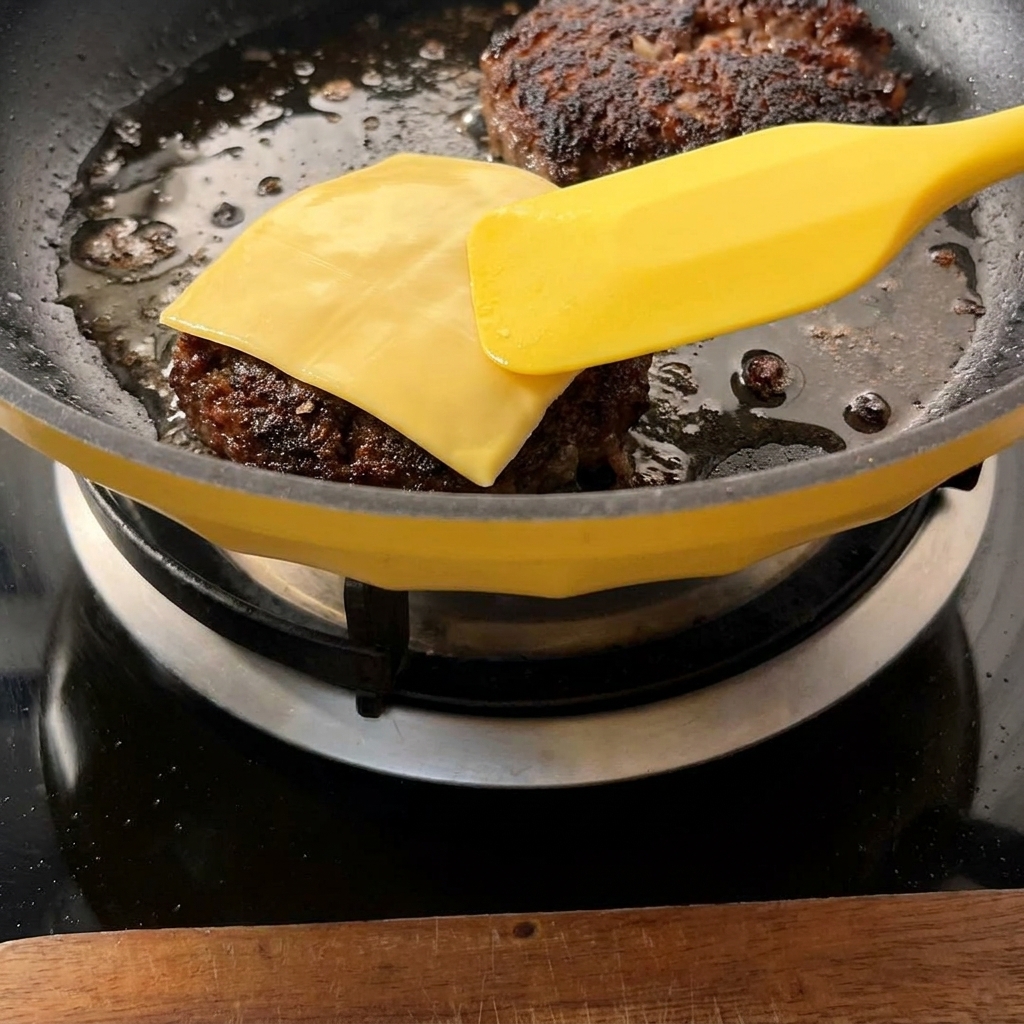 Rebanadas de queso amarillo fundiéndose sobre las hamburguesas en una sartén, con una espátula amarilla visible.