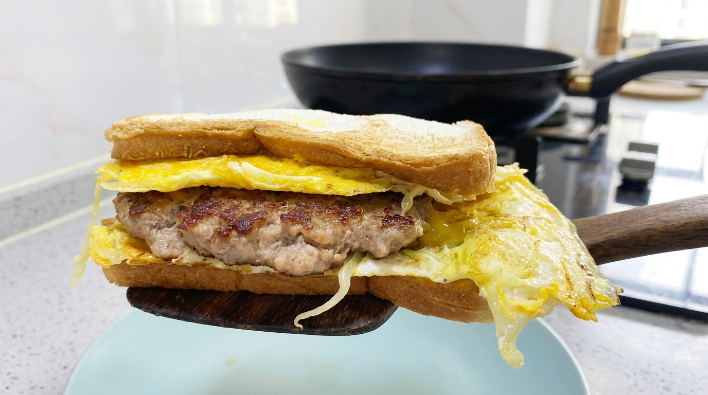 Un sándwich de hamburguesa de cerdo y repollo con huevo, dorado y servido caliente de la sartén.