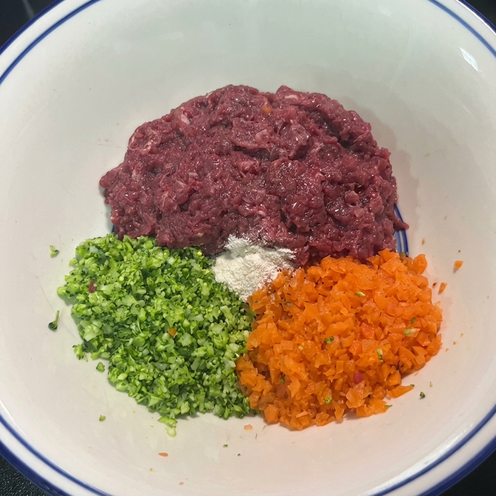 Un bol con carne picada, brócoli y zanahorias finamente picados, junto con los condimentos listos para mezclar.