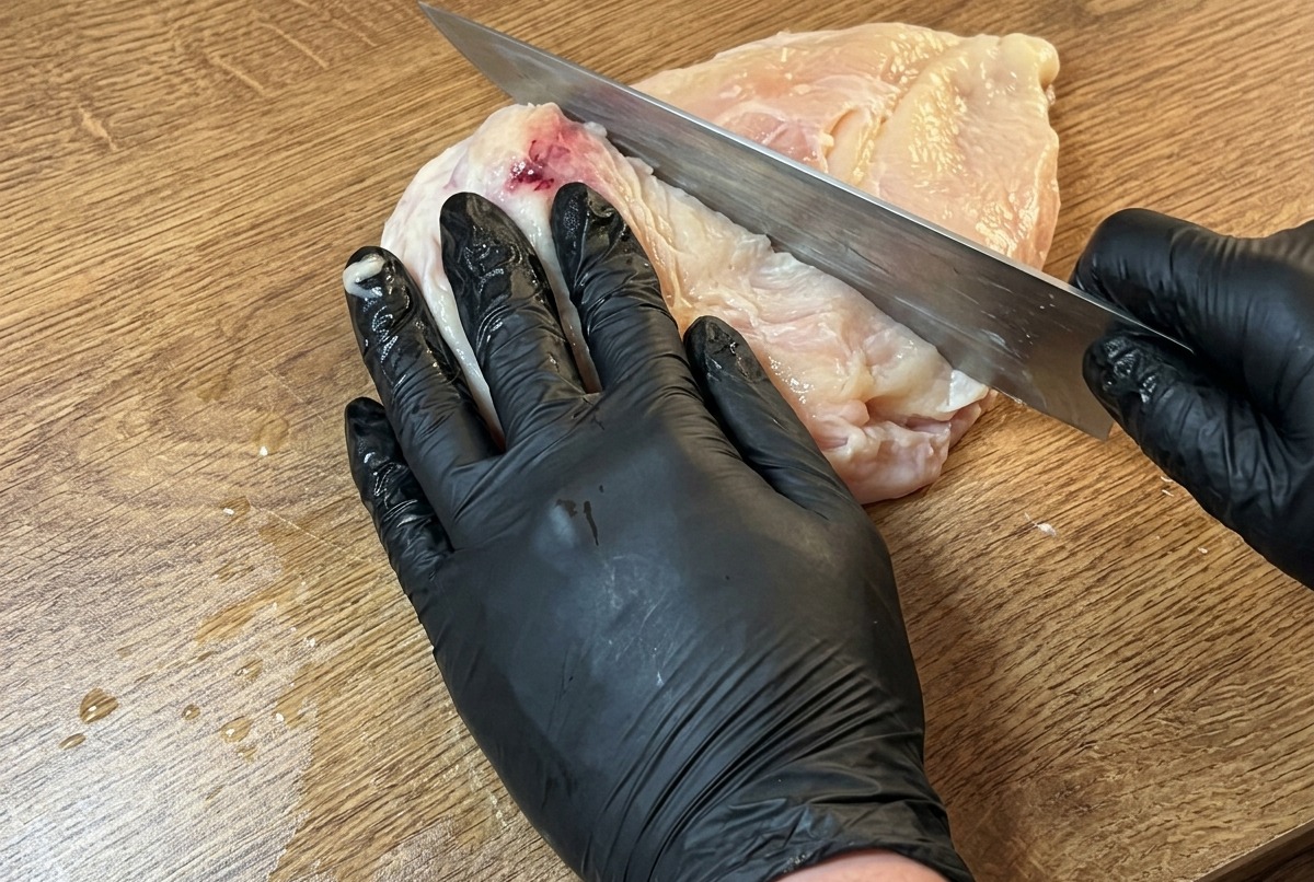 Pechuga de pollo cruda sobre una tabla de madera siendo limpiada de exceso de grasa con un cuchillo de chef.