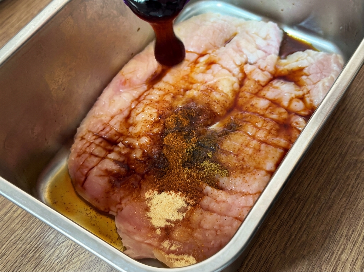 Pechuga de pollo sazonada en un recipiente metálico con varias especias y salsas añadidas.