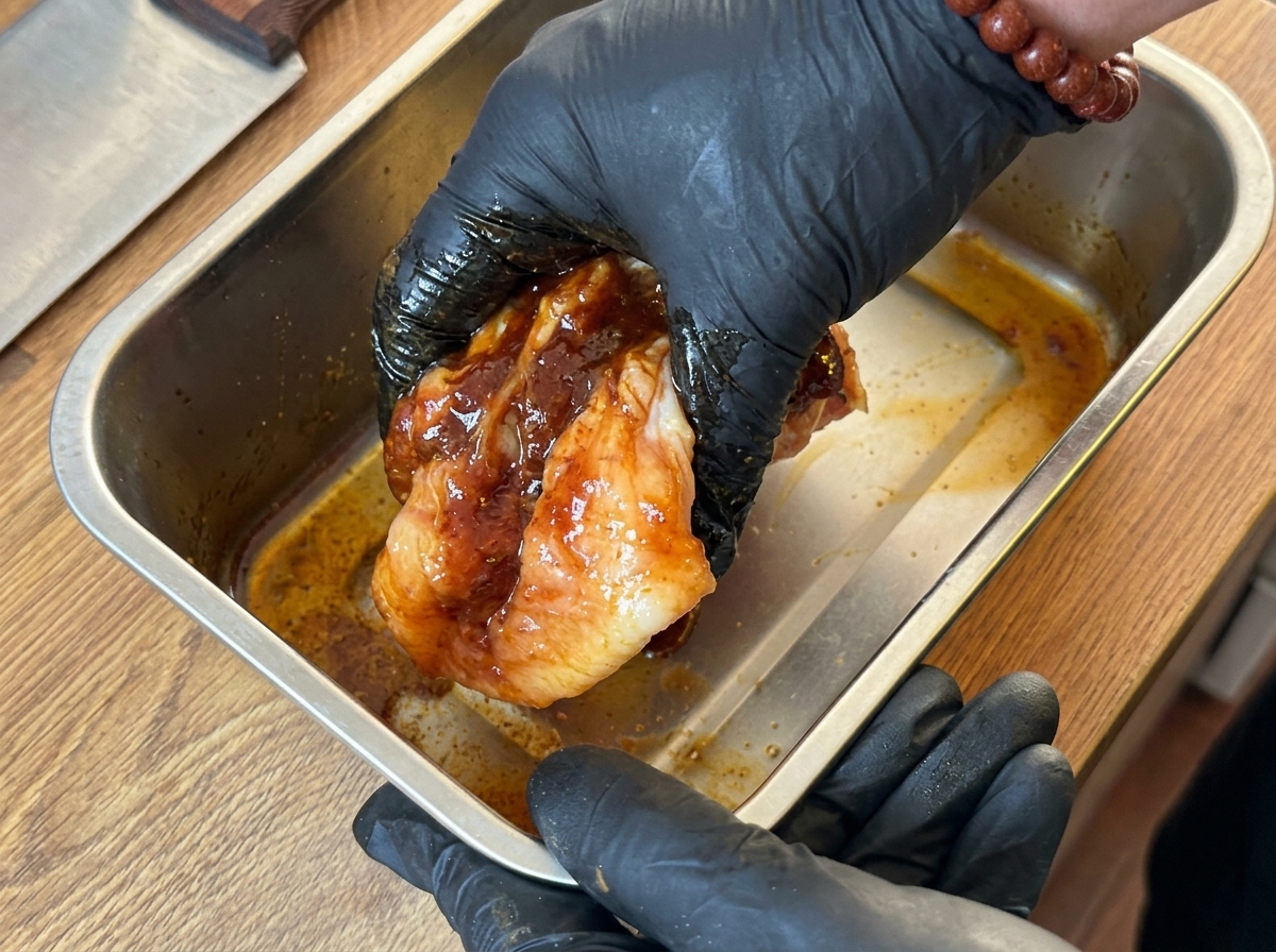 Mano con guante negro masajeando una marinada oscura en la pechuga de pollo.