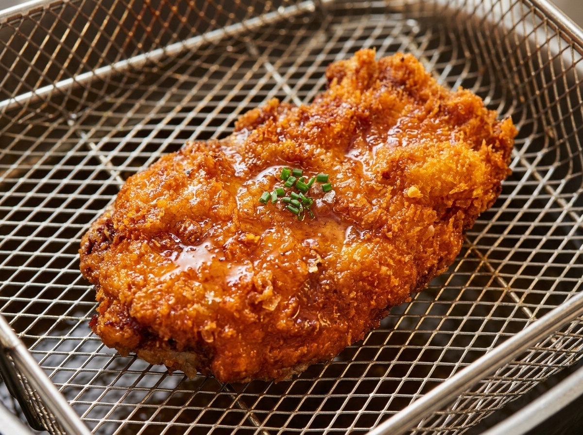 Filete de pollo frito, dorado y crujiente, siendo retirado de la freidora.