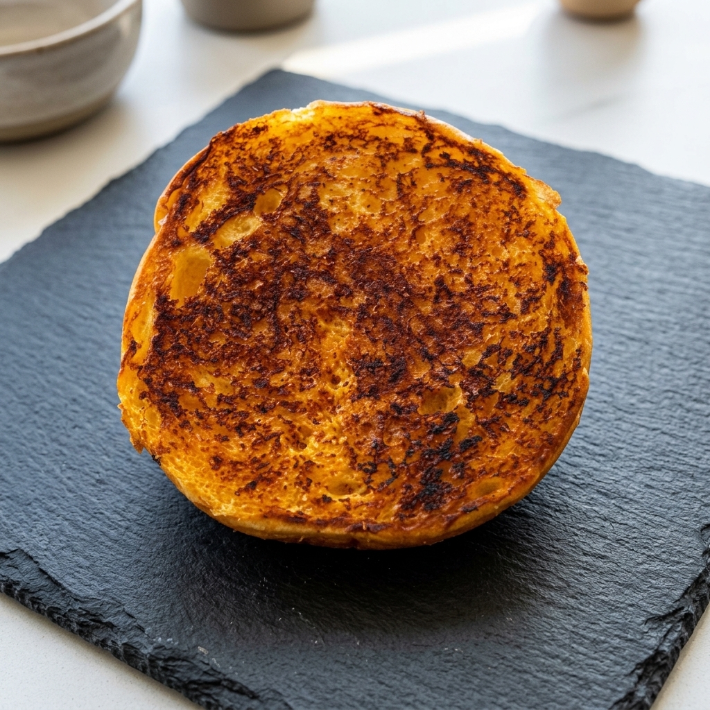 Superficie interior de un pan de hamburguesa profundamente tostada y dorada.