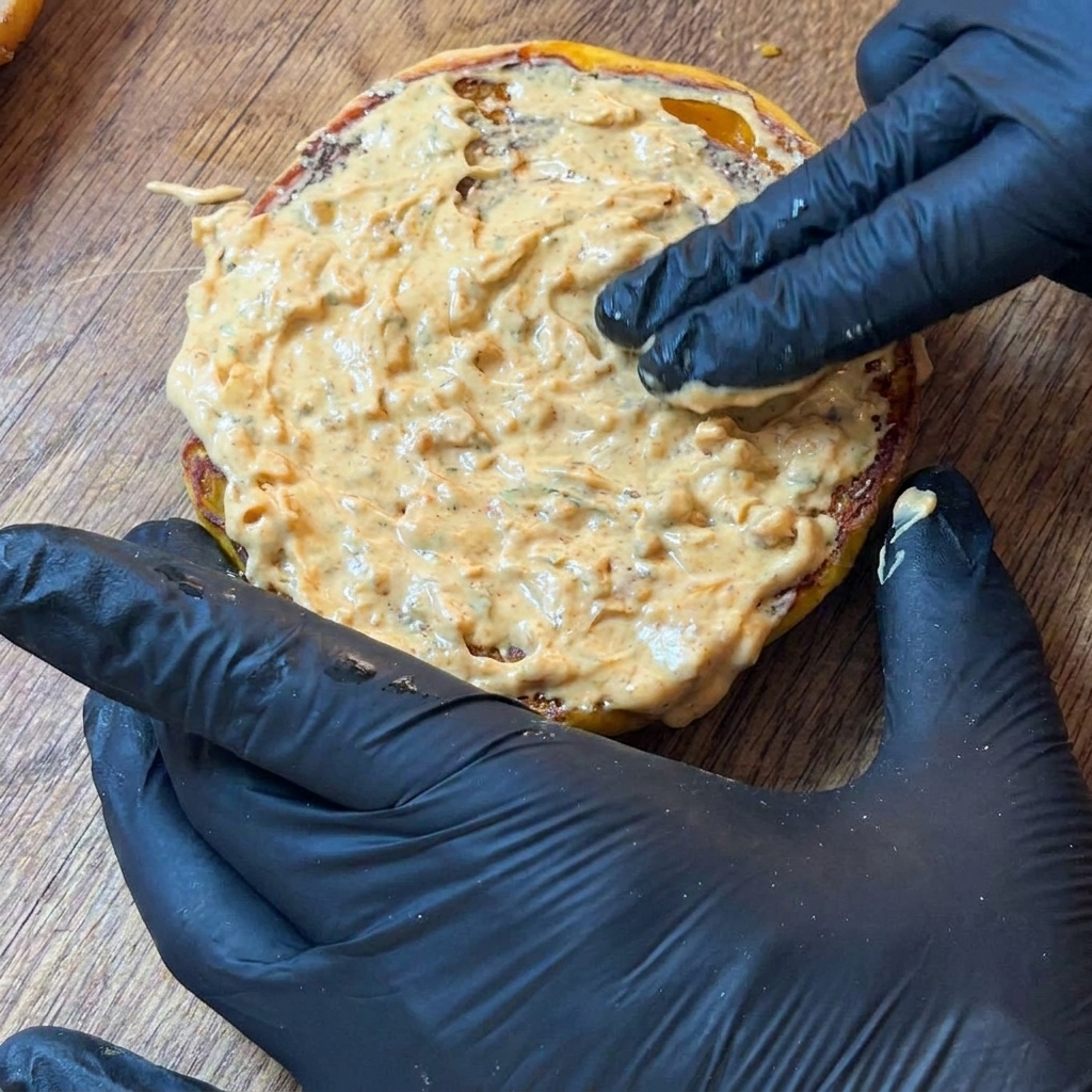 Una mano con guante negro untando una salsa espesa y cremosa sobre el pan tostado.