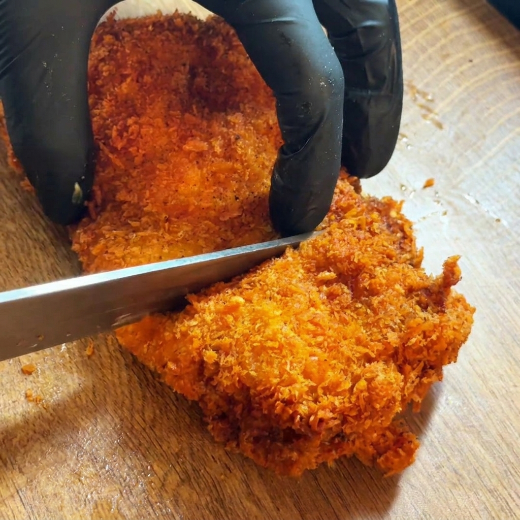 Una mano con guante negro usando un cuchillo para cortar una pechuga de pollo frita y crujiente por la mitad.