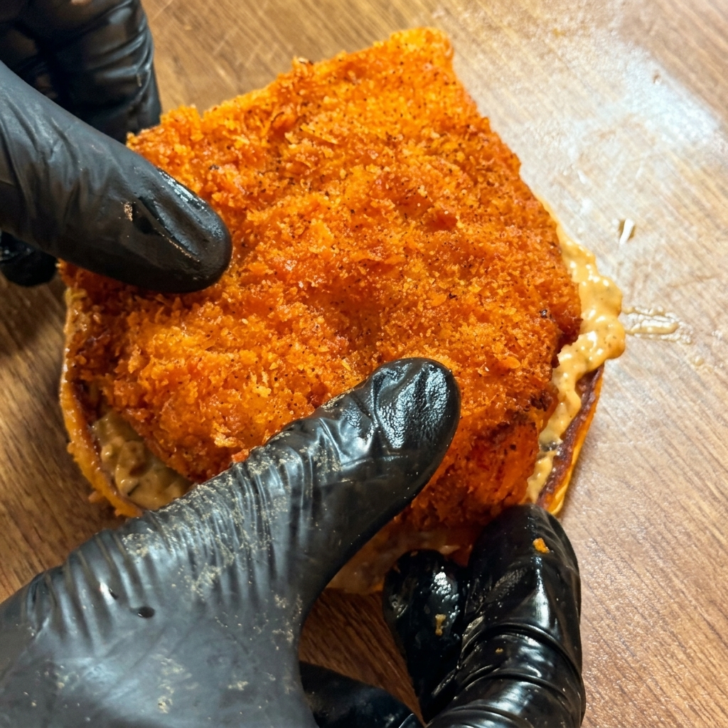 Manos con guantes negros colocando un filete de pollo crujiente sobre el pan con salsa.