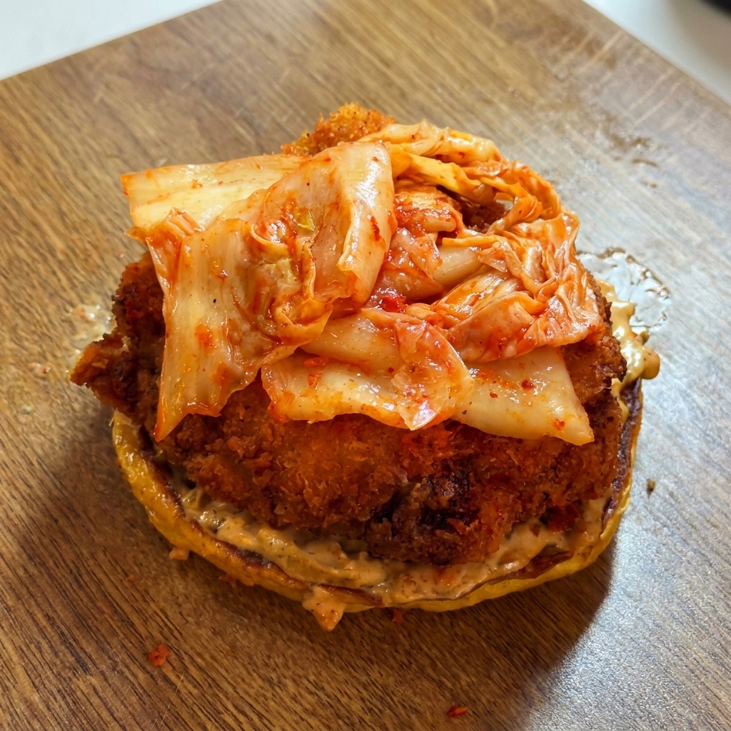 Filete de pollo frito siendo apilado sobre una capa de kimchi.