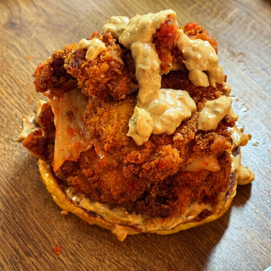 Salsa cremosa siendo rociada sobre las piezas de pollo frito apiladas.