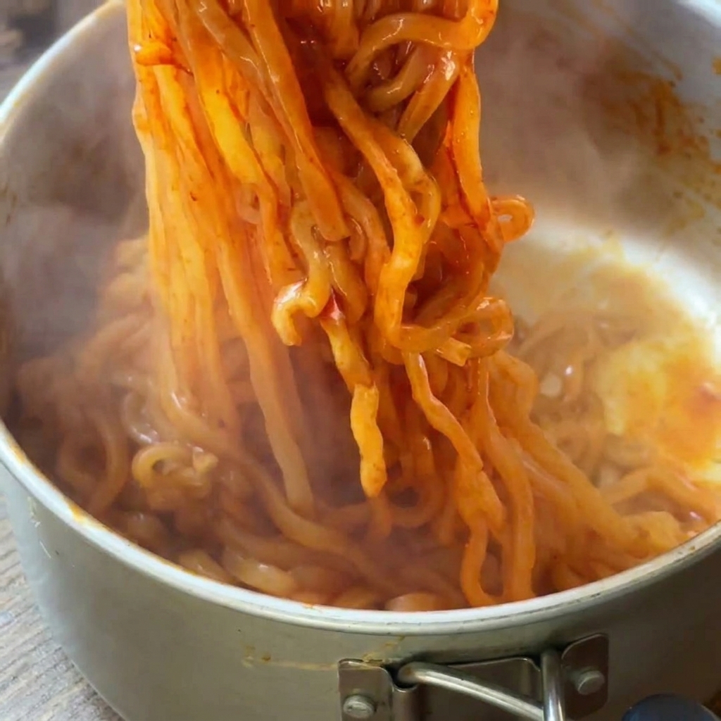 Fideos rojos brillantes y picantes siendo levantados de una olla con palillos.