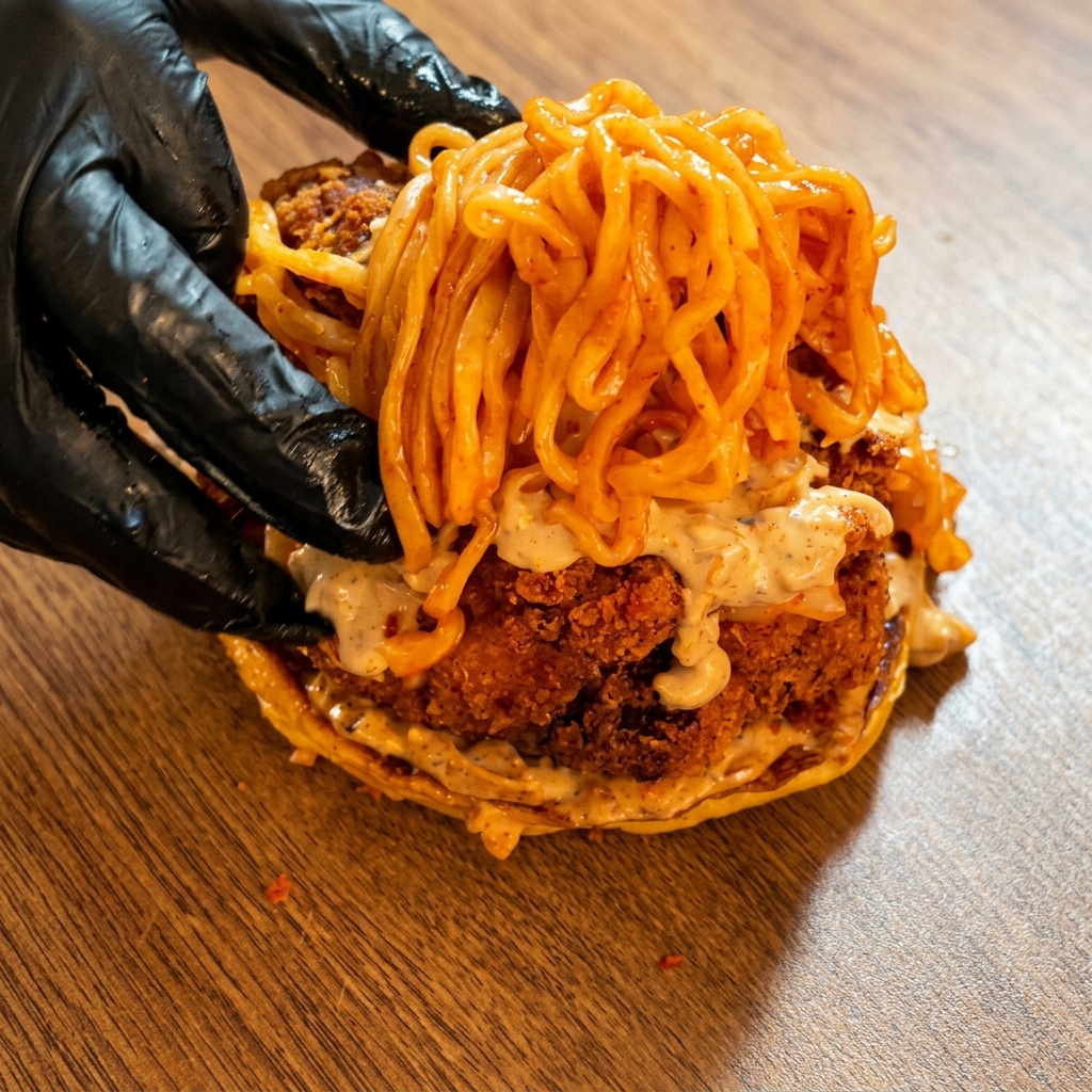 Un montón masivo de fideos rojos brillantes siendo colocados sobre la hamburguesa de pollo.