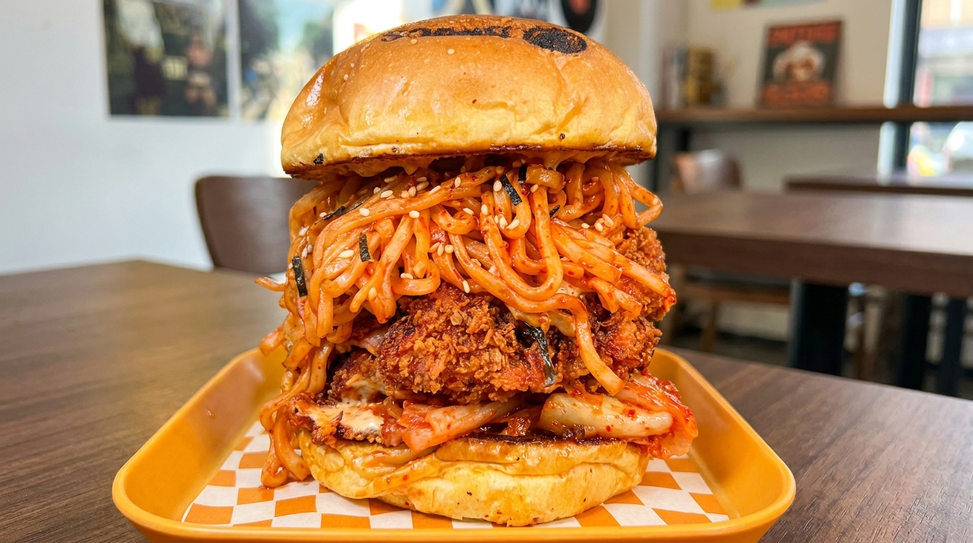 Hamburguesa Coreana de Pollo Frito con Fideos Picantes