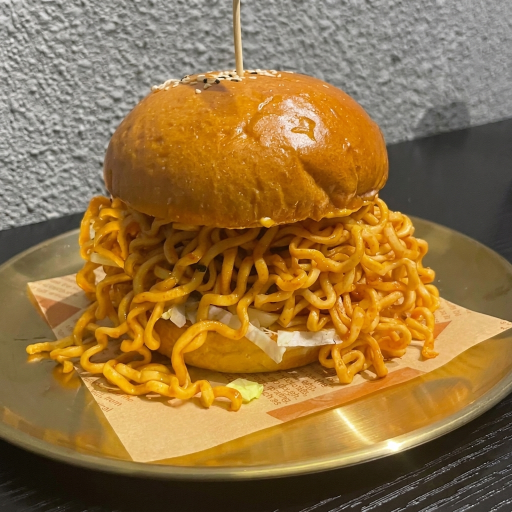 Manos con guantes negros dando forma a una hamburguesa de ternera cruda sobre una superficie de acero inoxidable.