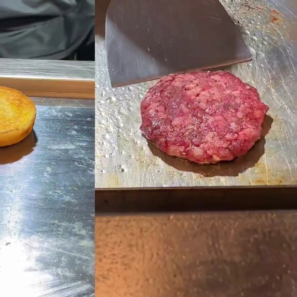 Vista dividida: un pan tostado boca arriba en una plancha caliente a la izquierda, y una hamburguesa cruda siendo aplanada con una espátula de metal a la derecha.