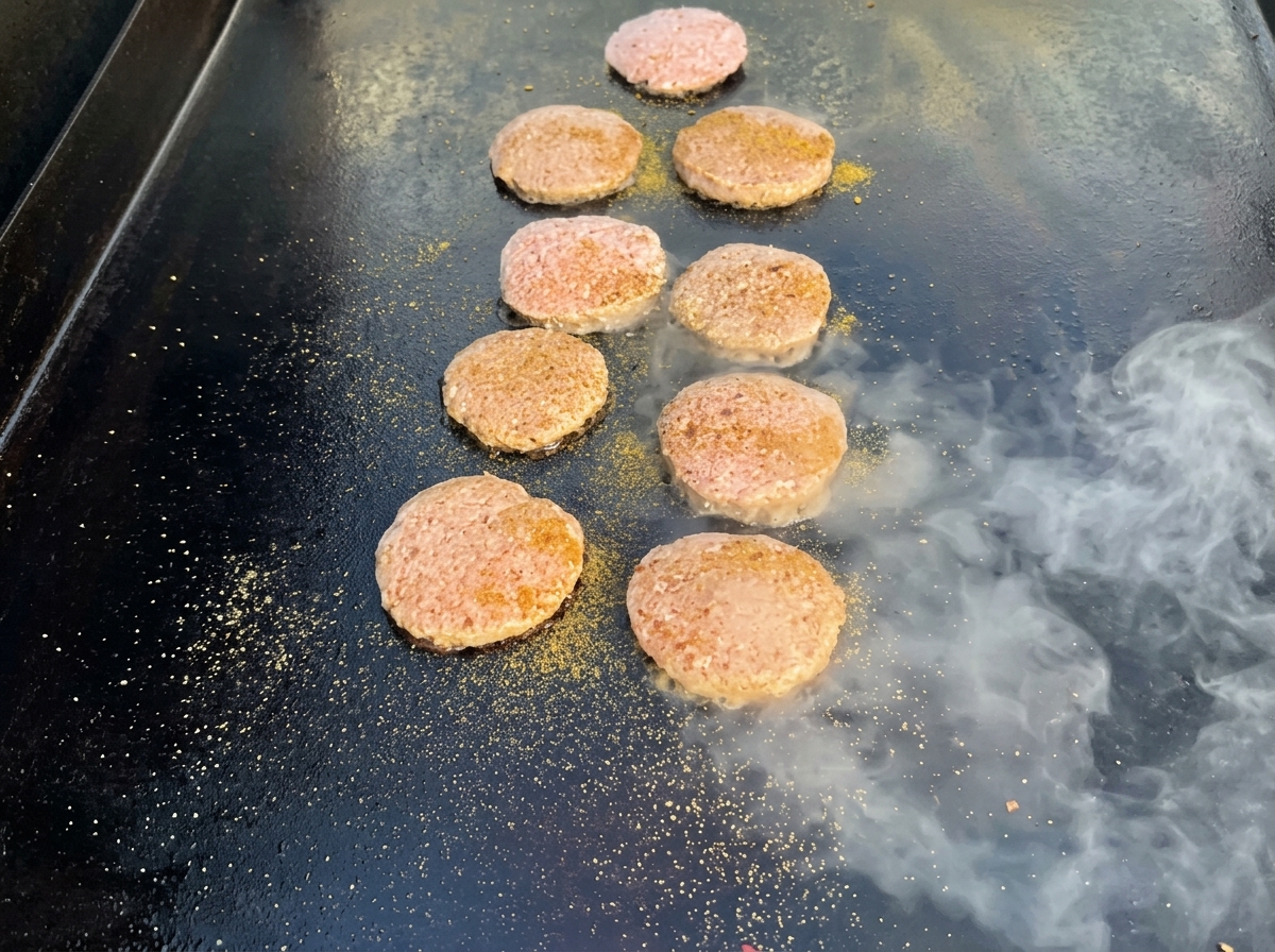 Hamburguesas de pavo dorándose en una plancha caliente, mostrando una costra dorada.