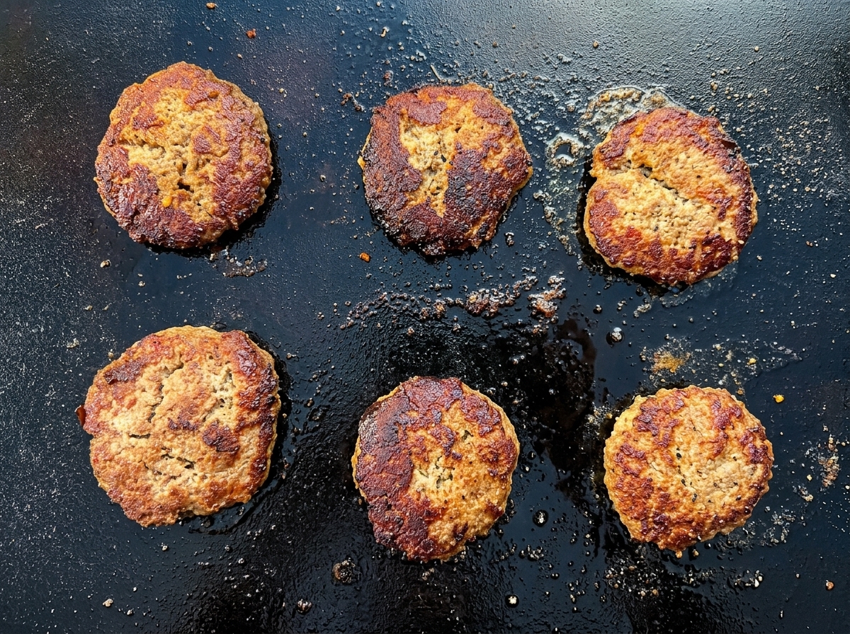 Panes para slider tostándose en la plancha junto a las hamburguesas.