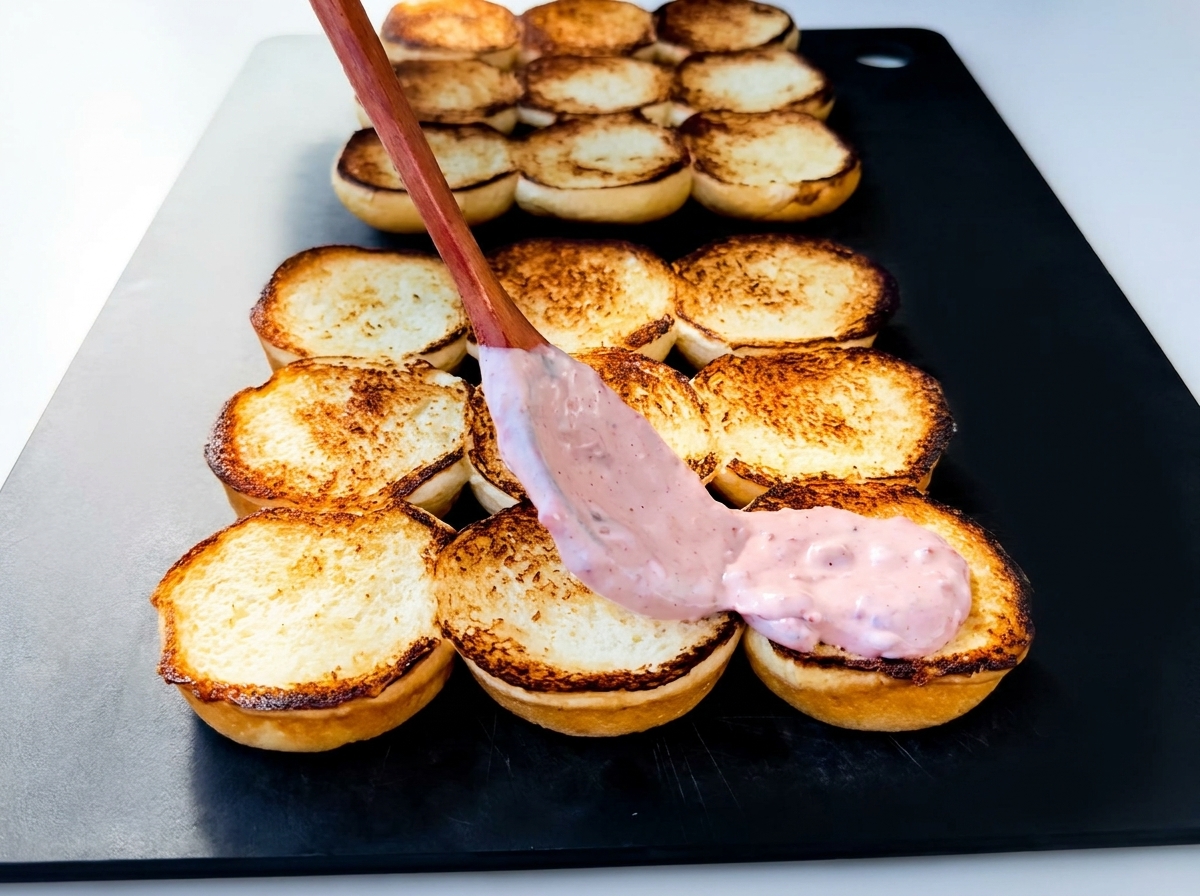 Salsa rosada siendo esparcida en los panes tostados con una cuchara de madera.