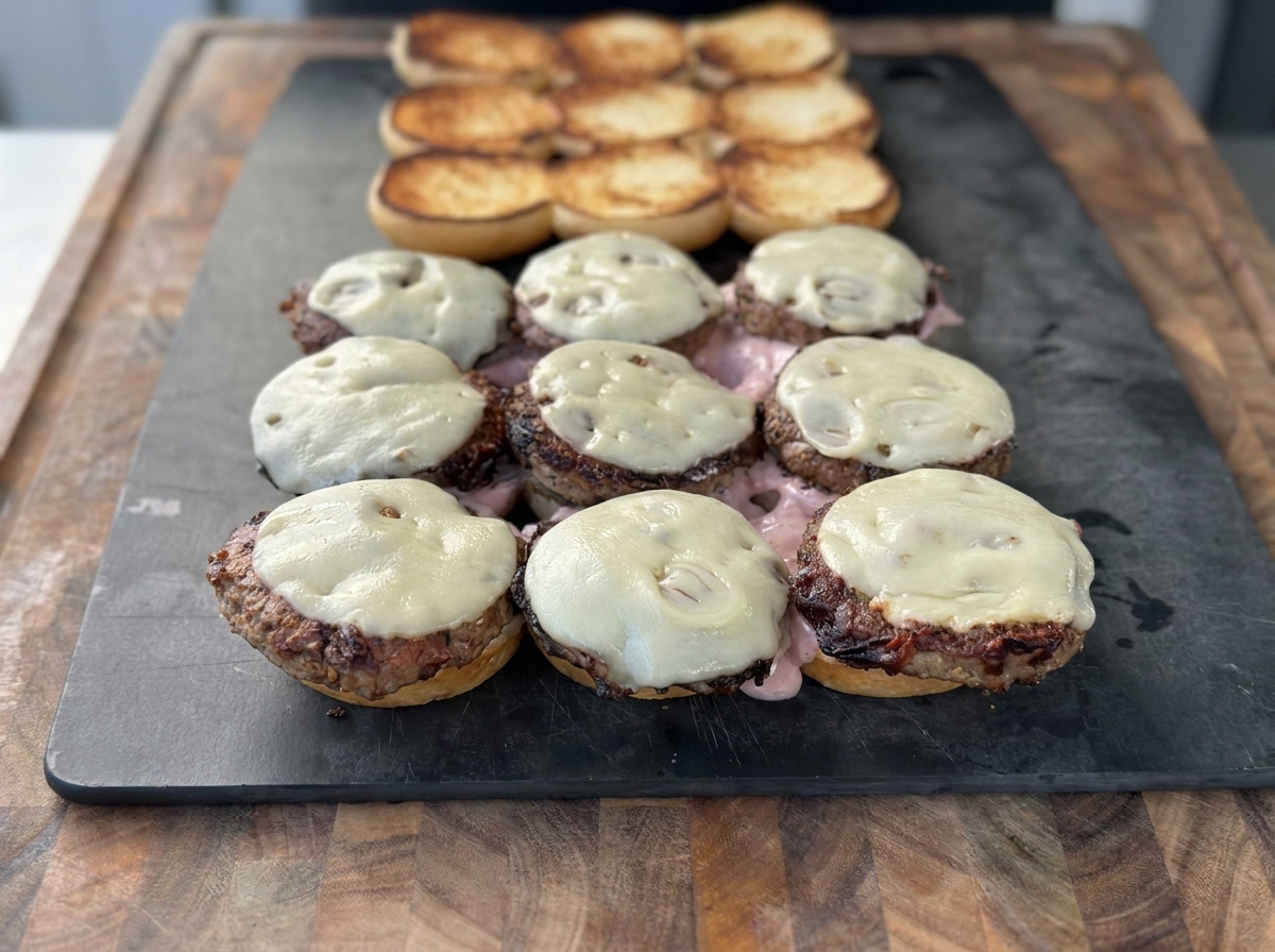 Cebollas fritas crujientes siendo añadidas sobre las hamburguesas con queso en los panes.