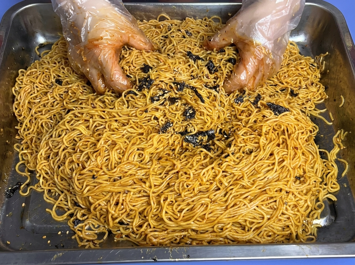 Manos con guantes mezclando cuidadosamente los fideos para cubrirlos con salsa.