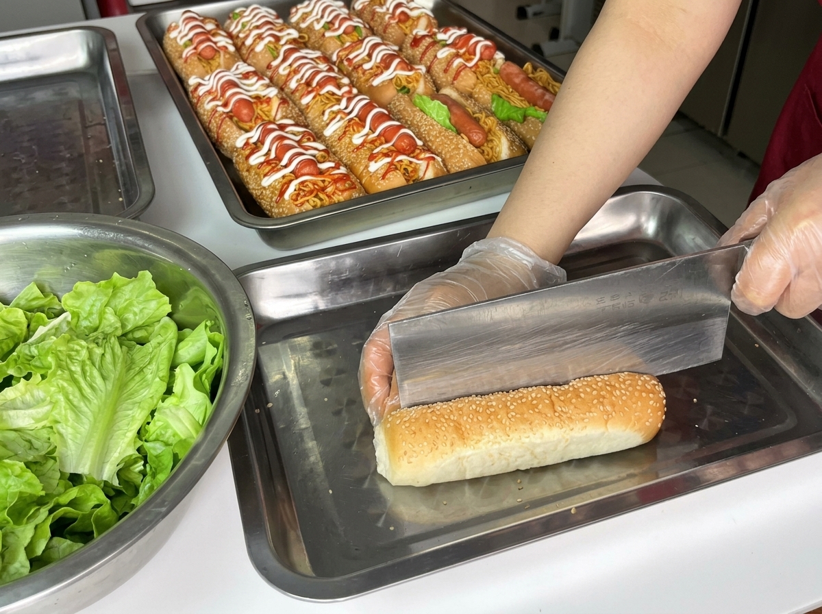 Un cuchillo cortando a lo largo la parte superior de un pan de hot dog con sésamo.