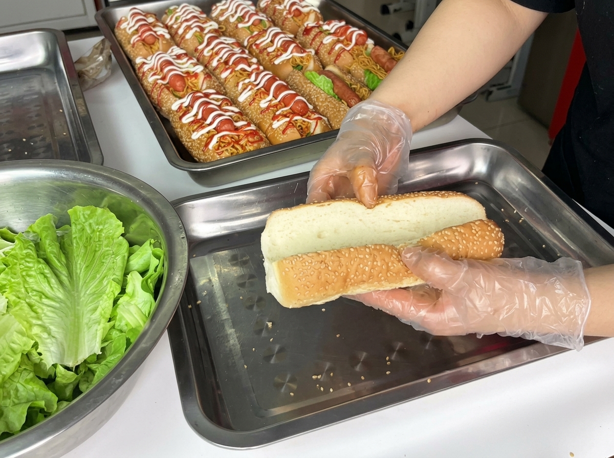 Ingredientes—lechuga, fideos y salchicha—siendo colocados dentro del pan preparado.