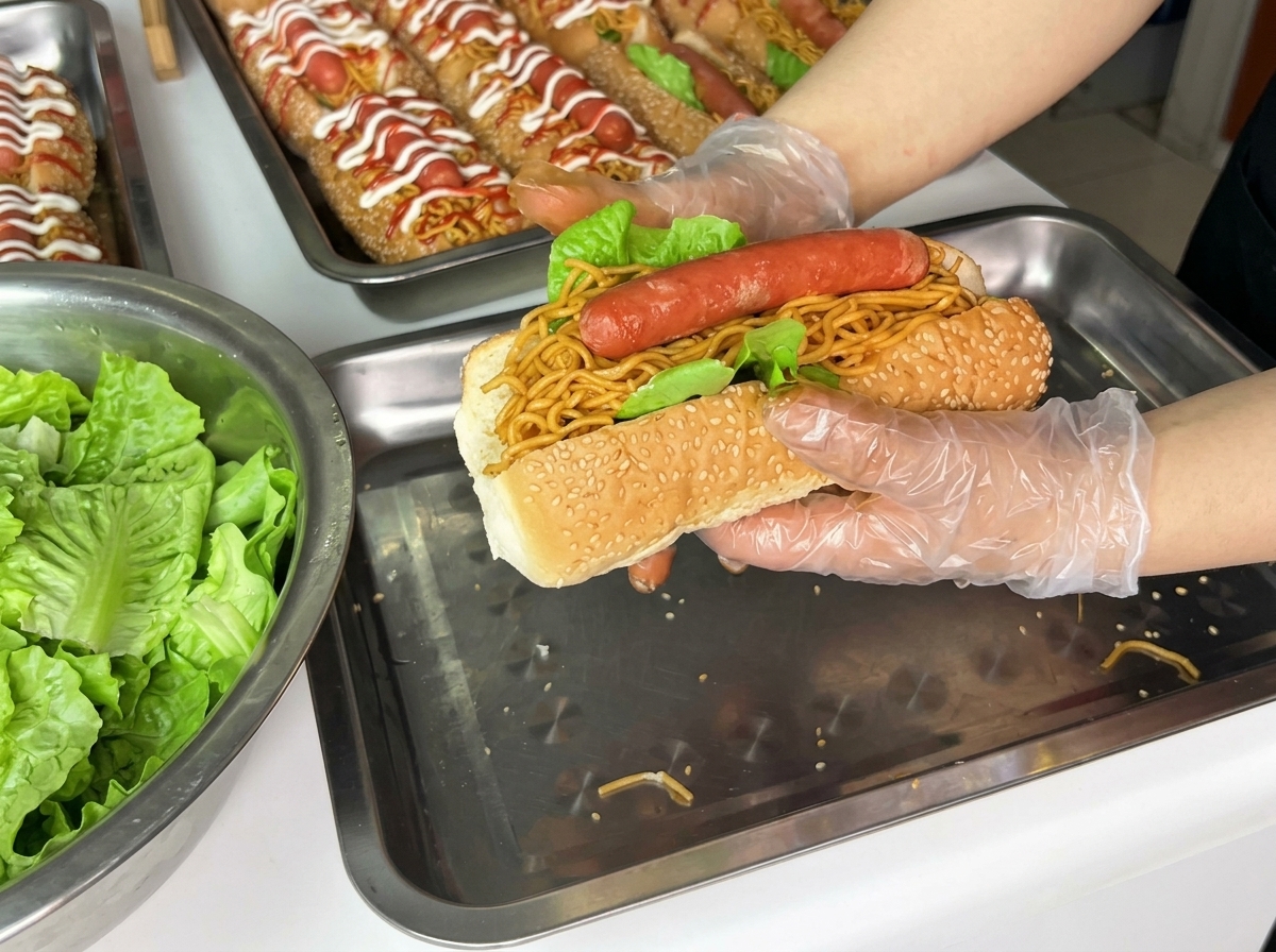 Mayonesa y cátsup siendo vertidos en líneas decorativas sobre el hot dog terminado.