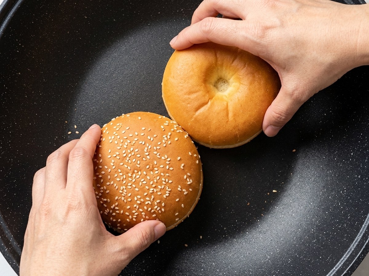 Dos mitades de un pan con semillas de sésamo tostándose en una sartén caliente.