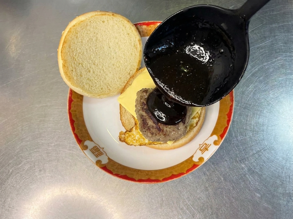 Primer plano de una hamburguesa de carne con kétchup sobre el pan con queso.