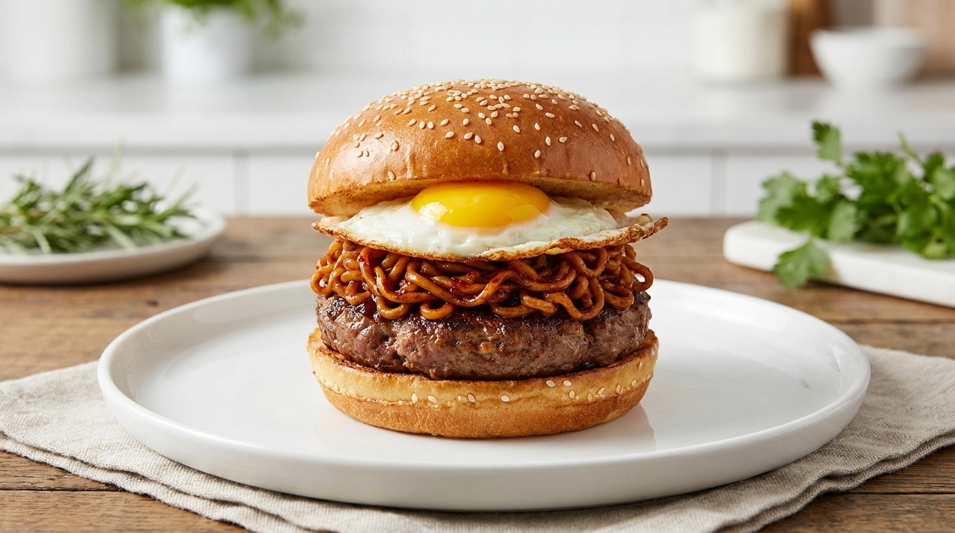 Una hamburguesa de fideos picantes contundente con fideos especiados, un huevo frito perfecto y carne jugosa.