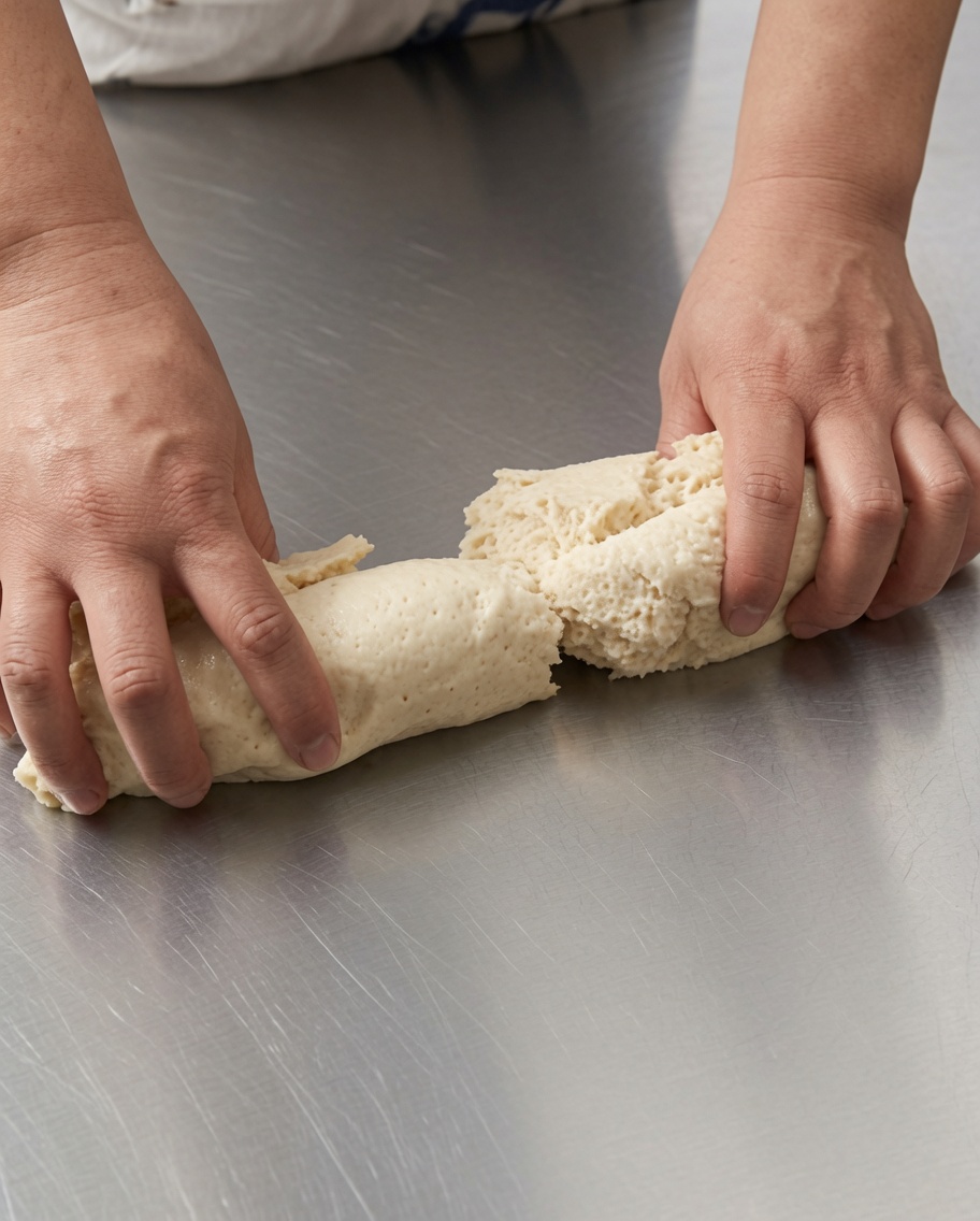 Masa siendo estirada y amasada sobre una mesa de acero inoxidable.
