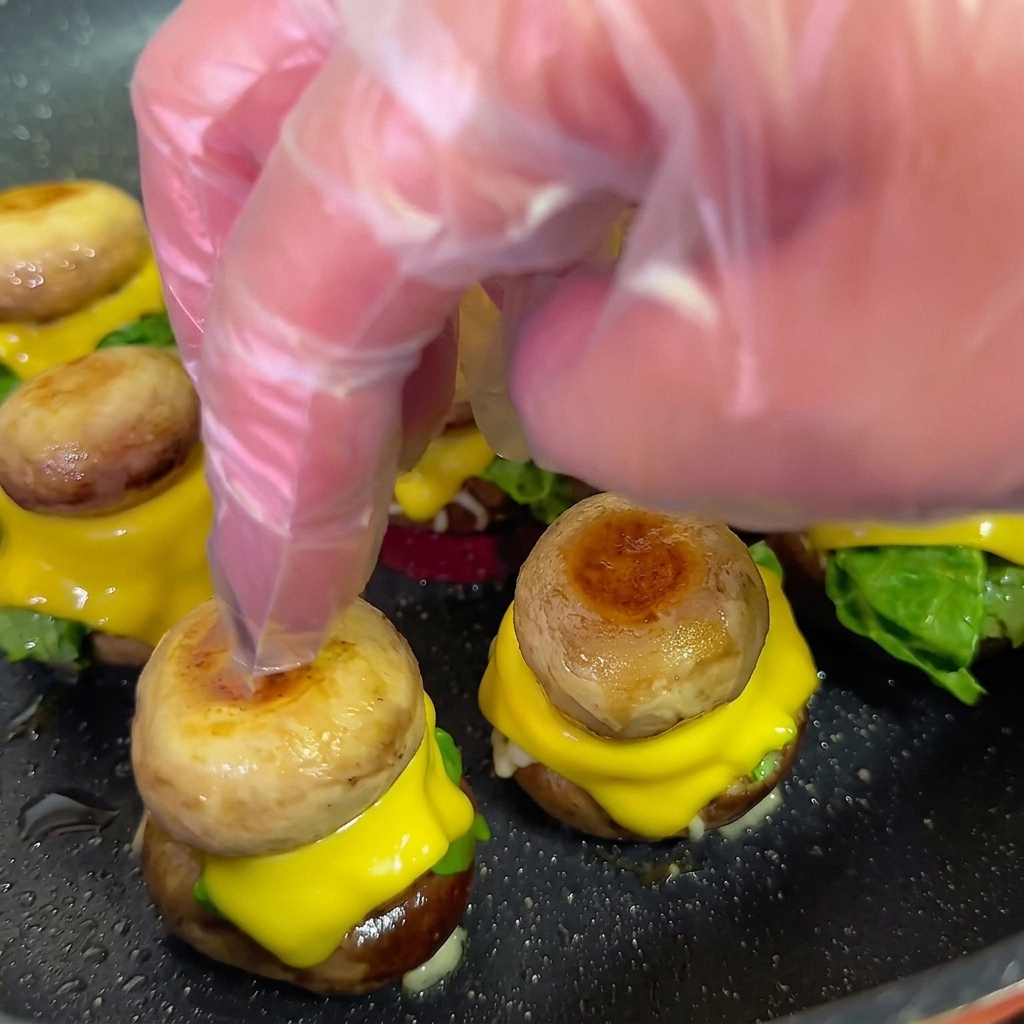 Una mano usando un palillo para asegurar una mini hamburguesa de champiñón armada.