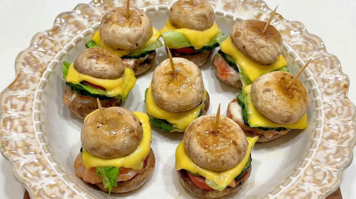 Mini hamburguesas de champiñón rellenas de pasta de camarón, decoradas con lechuga fresca, tomate, pepino y queso cheddar fundido.