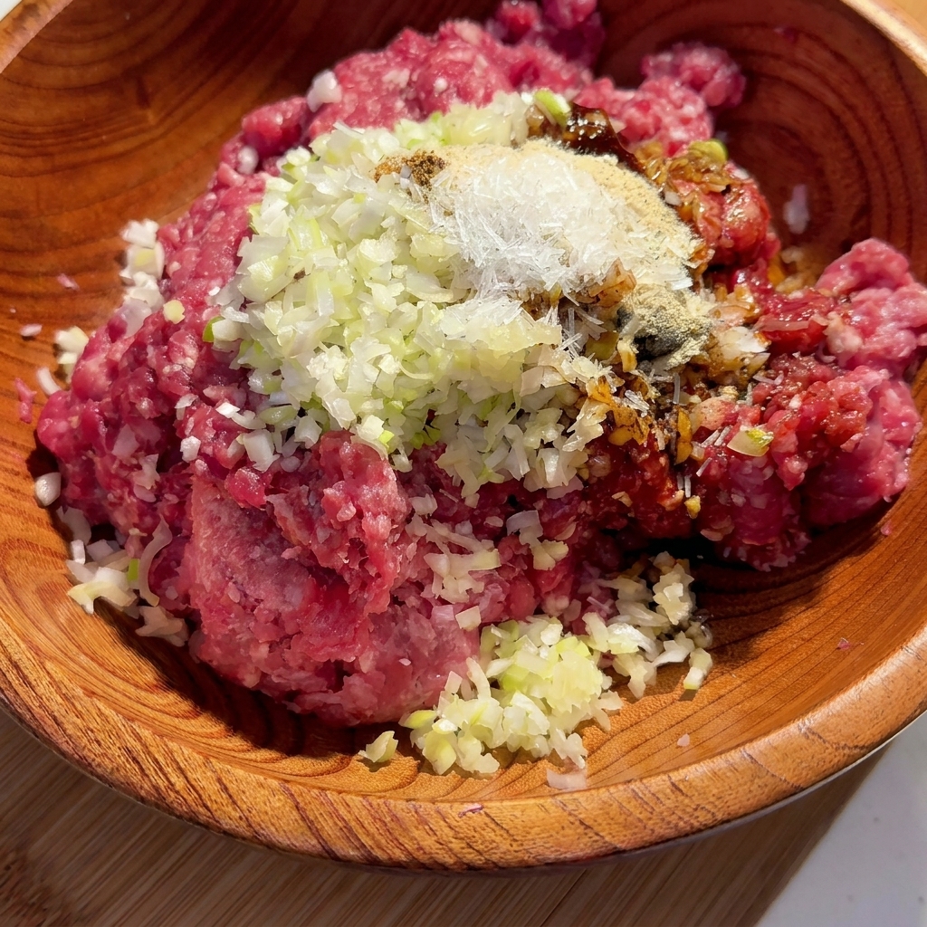Carne picada en un cuenco de madera mezclándose con diversos condimentos y aromáticos.