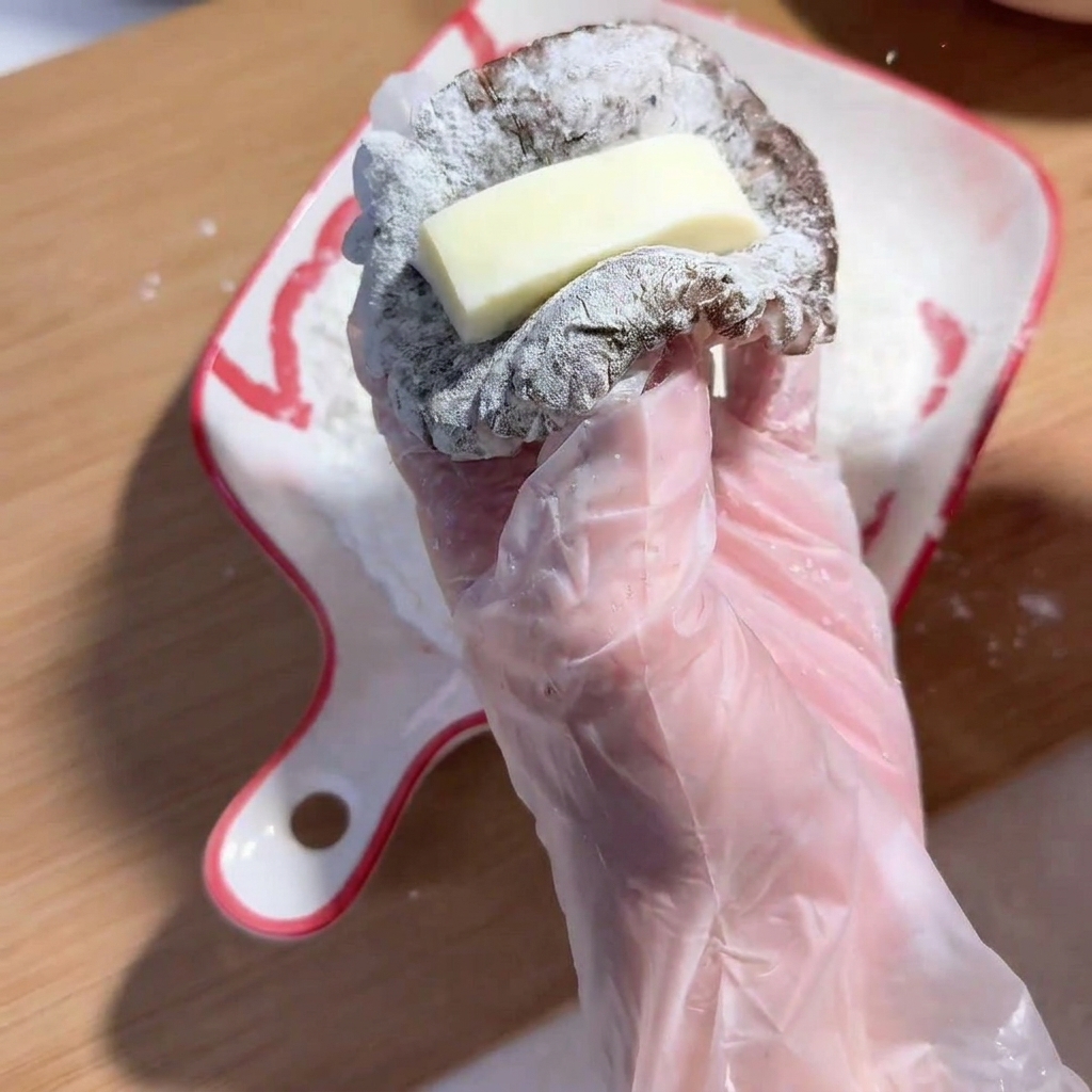 Una mano con guante de plástico colocando un trozo rectangular de queso sobre un champiñón shiitake relleno de carne sazonada.
