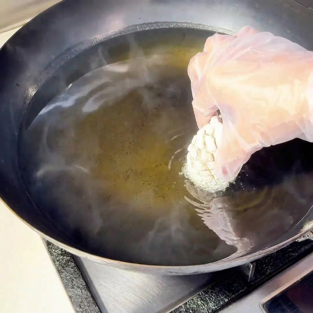 Una mano con guante de plástico dejando caer un champiñón cubierto en un wok lleno de aceite caliente y burbujeante.