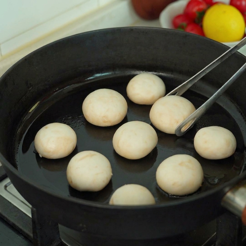 Sombreros de champiñón enteros siendo salteados en una sartén negra con pinzas de metal.