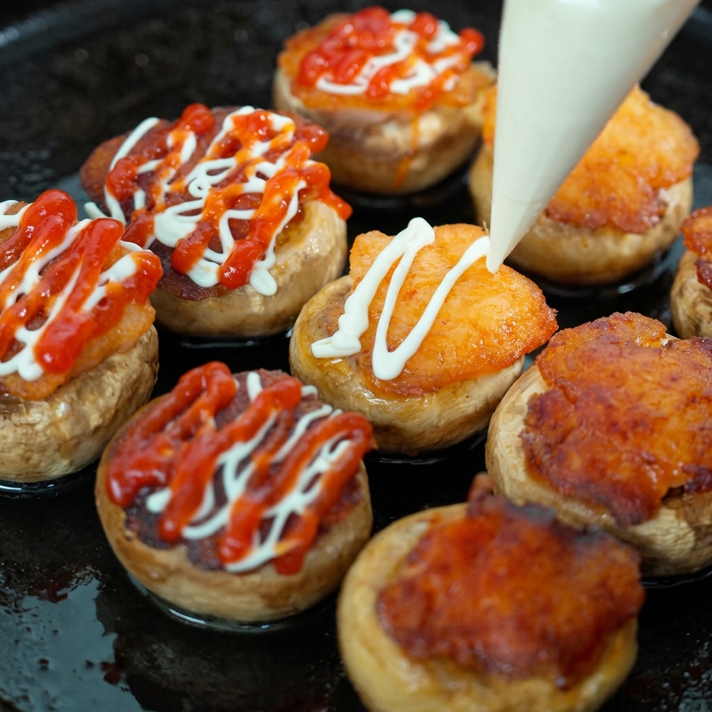 Rociando mayonesa y ketchup sobre los champiñones rellenos salteados.