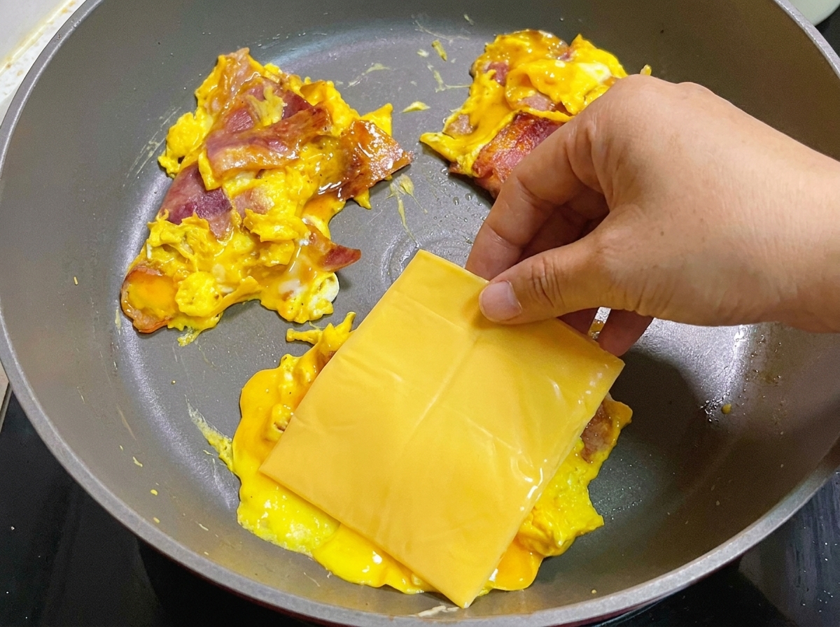 Una loncha de queso amarillo colocándose cuidadosamente sobre la tortilla de beicon y huevo en la sartén.