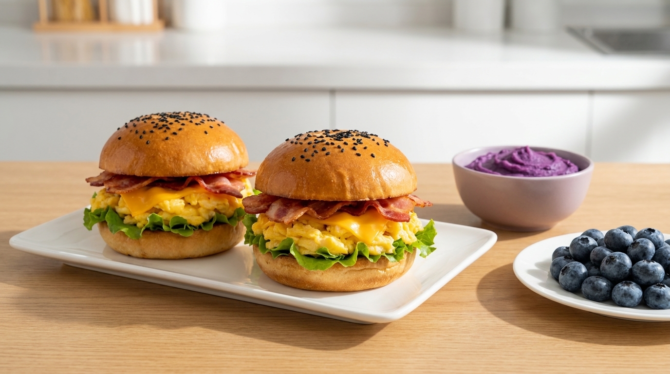 Hamburguesa de desayuno rápida con beicon y huevos revueltos