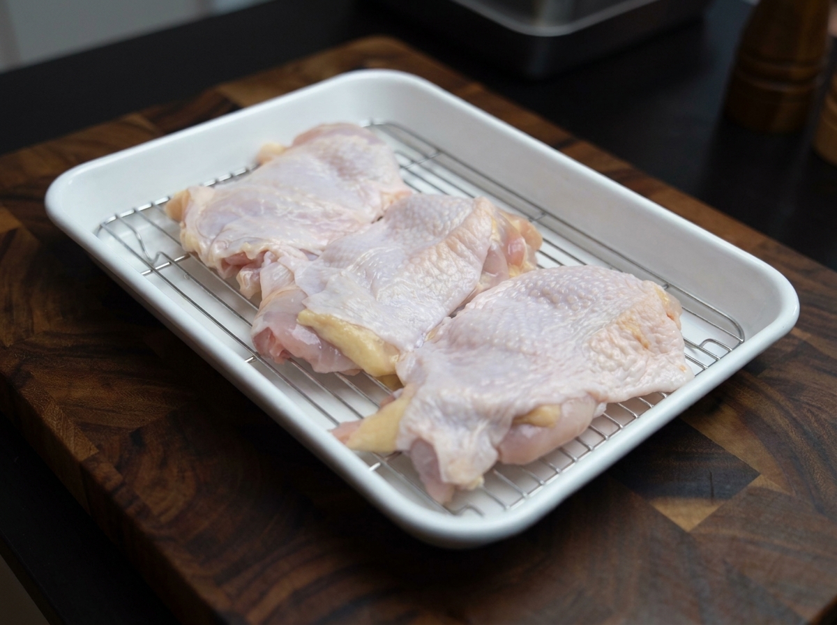 Muslos de pollo deshuesados extendidos en una bandeja de metal.