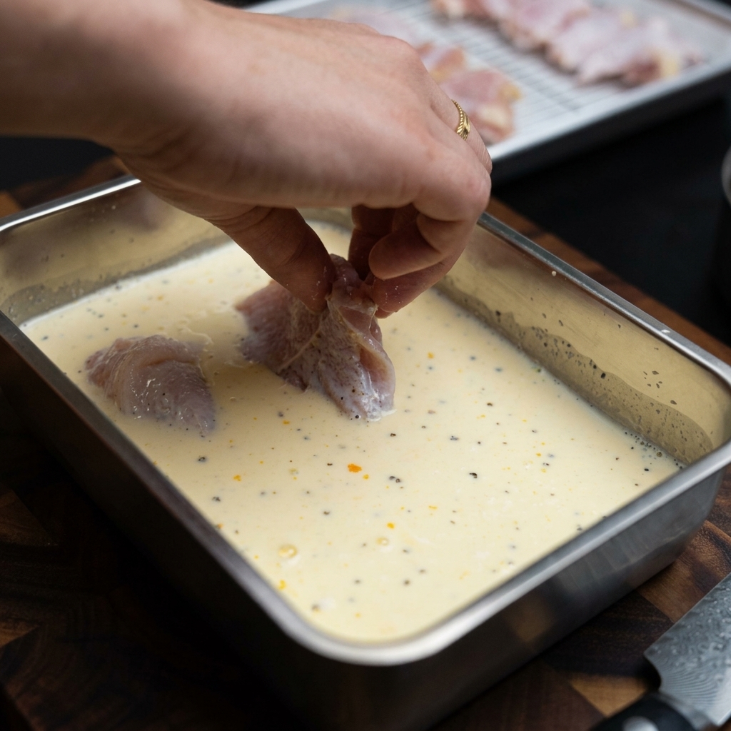 Trozos de muslo de pollo sumergidos en la mezcla de leche y huevo dentro de un recipiente de metal.